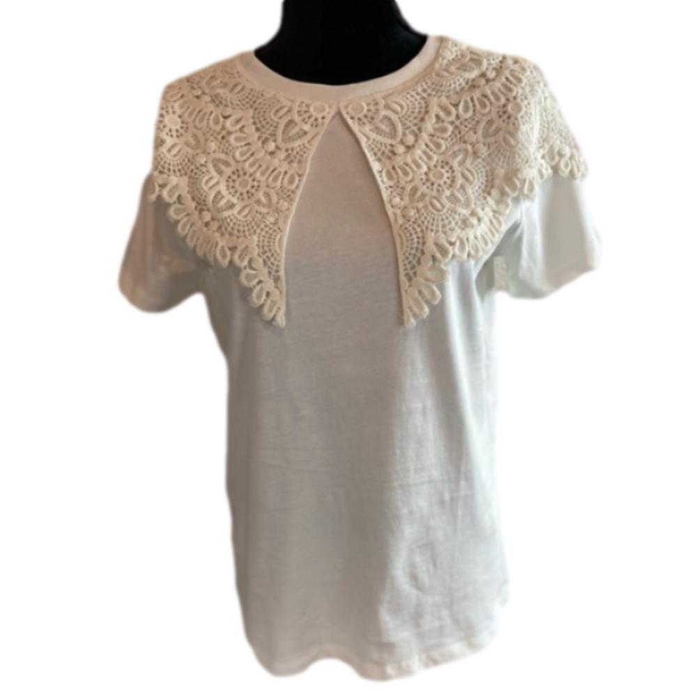 River Island~NWT~Ivory Tee Shirt w/Embroidered Lace Overlay~Size 10 UK / 6 US